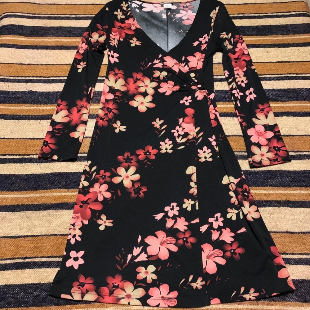 Y2K VTG Womens Black Pink Floral Faux Wrap Long Sleeve Dress Large 90s Femme